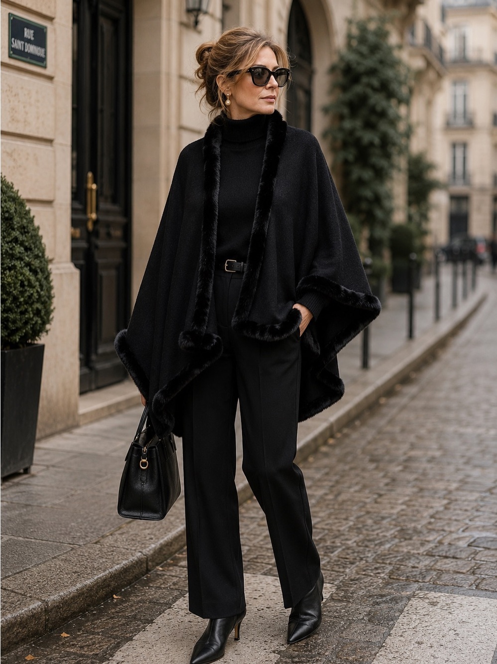 Cejon Black Faux Rabbit Fur Trim Knit Cape Ruana Poncho Shawl Wrap One Size